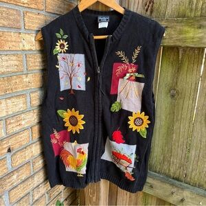 Vintage Southern Lady Black Vest with Colorful Fall Embroidery